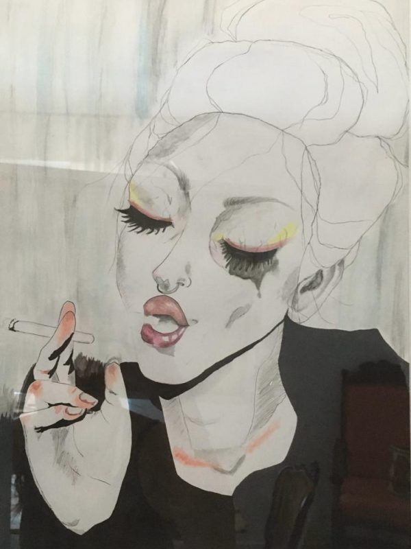 Gemalte Dame die eine schwere Nacht hinter sich hat und eine Zigarette raucht